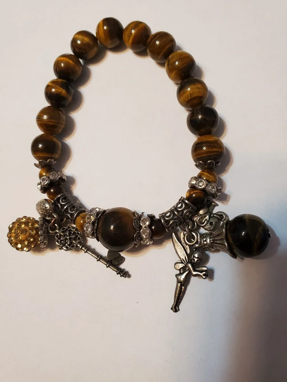 Womens Faux Tiger's Eye Stretchy Beaded Charm Bracelet‎ Brown & Gold